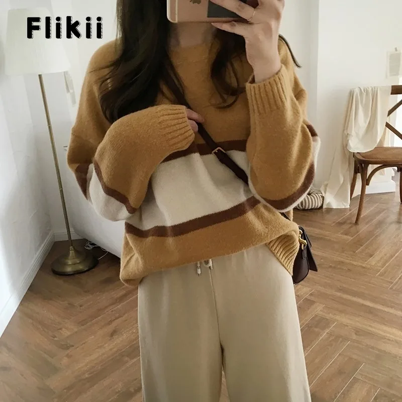 

Korean Fashion Women Striped Chic Loosse Ladies Sweater 2023 Autumn Winter Casual Vintage Knitting Long Sleeve Cozy Pullovers