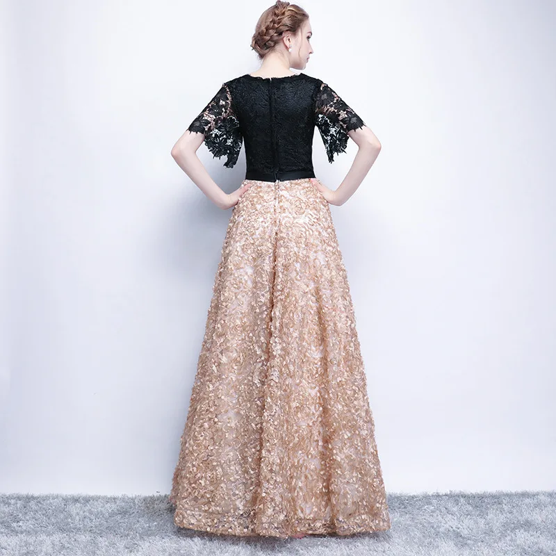 LANMU Vintage Black A-Line Lace Long Evening Dresses Half Sleeves Beaded scoop neck long appliques evening dress prom dress