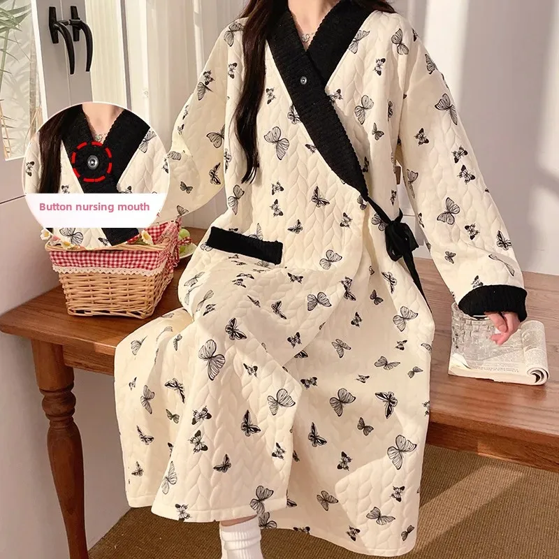 Breastfeeding Dress Air Cotton Postpartum Warmth Home Clothes for Pregnant Women Autumn Winter Hospital Gown Baby Shower Gift