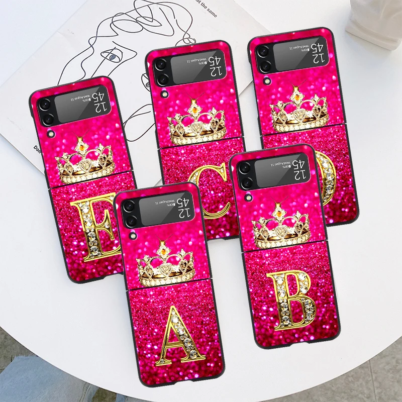 Diamond Crown Letter A Custodia Antiurto Per Samsung Galaxy Z Flip 3 4 5G Flip 4G Black Hard Zflip4 Flip 3 Zflip Cover Per Telefono