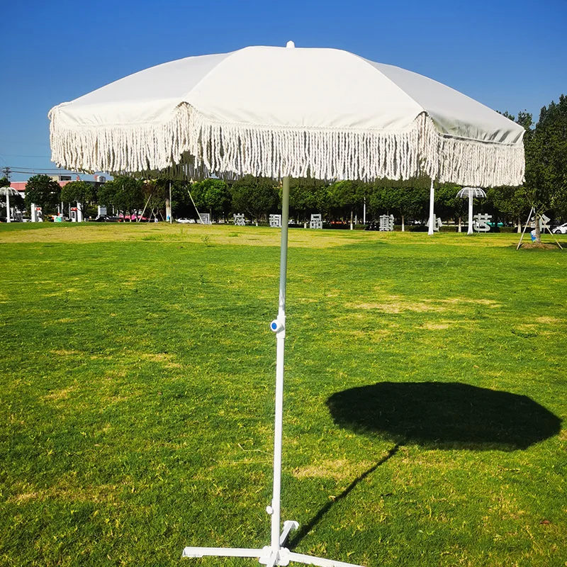 

White Beach Fringe Umbrella with Base Tilt Outdoor Patio Sun Umbrella Tassel Edge Holiday Sunshades Metal Pole Hinge Parasol