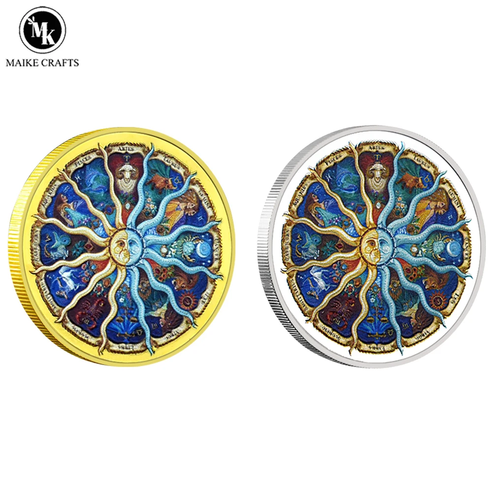 

2 Pcs/set Twelve Constellations Lucky Coin Elizabeth II Commemorative Coin Home Decoration Coin Collection Gift