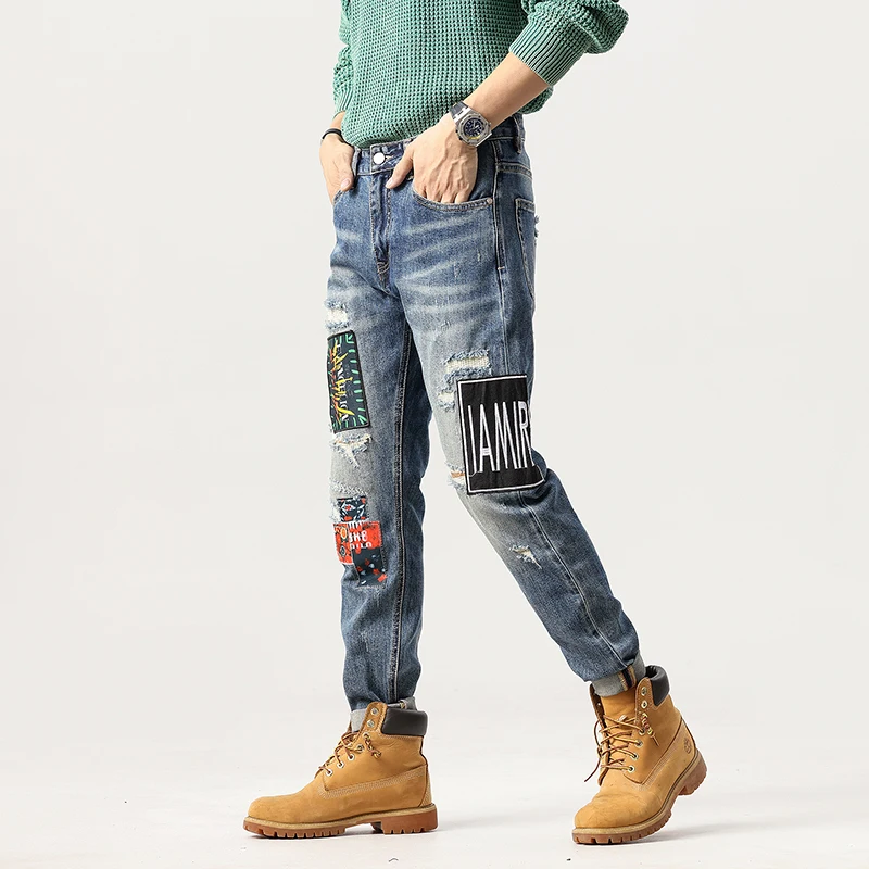 High quality jeans men's trendy elastic slim fit embroidered patch leggings  men ripped jeans men clothing  jeans for men