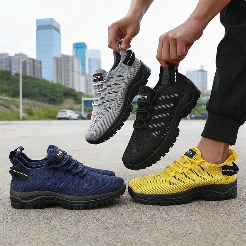Men's Casual Sports Shoes Bright Yellow Knit Mesh Sneakers Lightweight Comfort Outdoor Fashion Breathable Footwear Tenis Homem