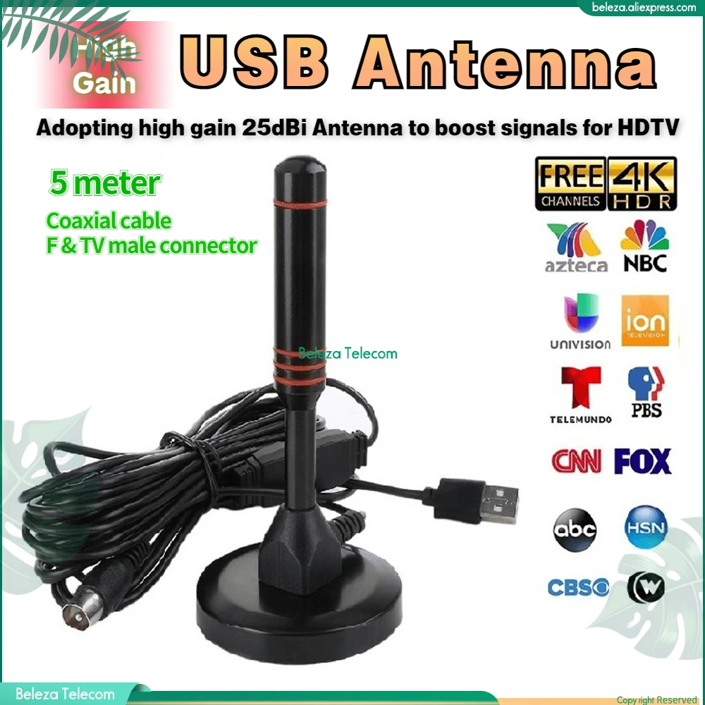 Фото USB 5M Antenna high gain 25dBi Indoor HD TV Antenna Indoor VB-T2\DTMB\CMMB 1080p HD Clear Vision Digital House Antenna №3