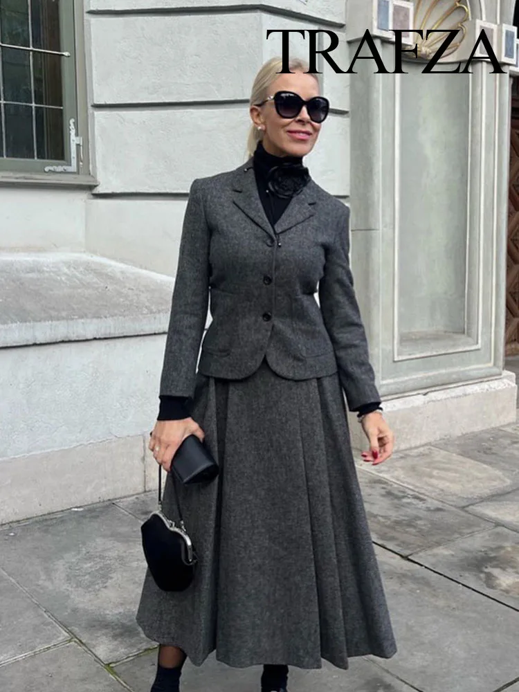 TRAFZA 2023 Autumn Women Fashion Sets Solid V Neck Tight Blazer + A Line Loose Comfortable Minimalism Style Female Long Skirt 6