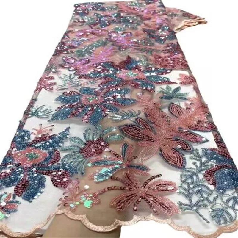 

African Lace Fabric 2023 High Quality Elegant Nigerian Sequins Net Embroidered French Tulle Lace Fabric 5 Yards For Sew Clothes