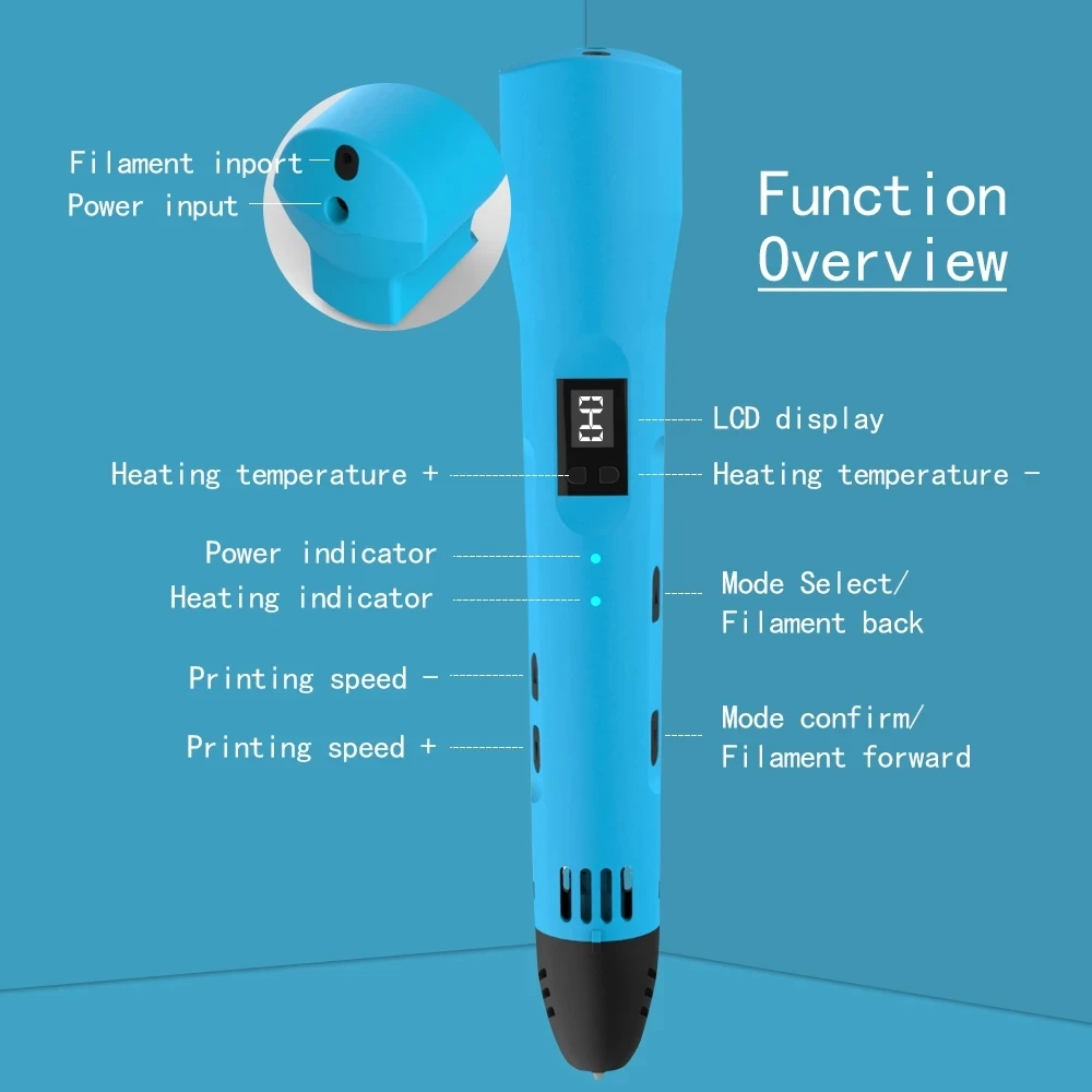 3D Printing Pen QCREATE Compatible With 1.75mm PLA PCL Filament LCD Display 8 Speeds Temperature Regulation