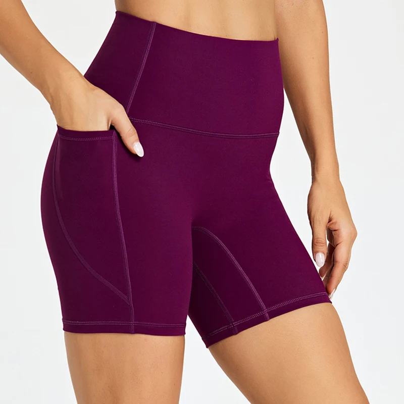 ABS No Front Seam High Waist Yoga Shorts Women Tummy Control Fitness Athletic Workout Running Shorts with Side Pockets sports shorts,running shorts,yoga shorts,workout shorts,seamless shorts