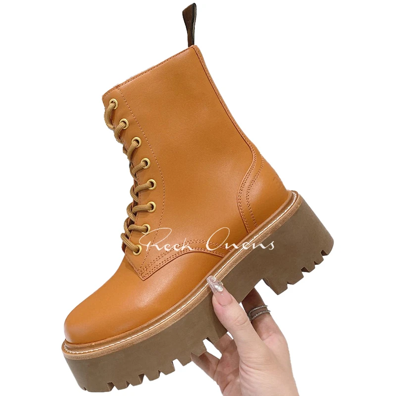 

Female Short Boots 2023 Autumn New Internet Celebrity Style Thick Bottom Ankle Boots Lace-up Height Increasing Ladies Shoes