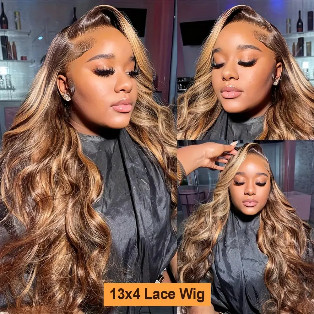 13x4 Highlight Ombre Lace Front Wig Human Hair Pre Plucked Body Wave Frontal Wigs 250% Density 4/27 Honey Blonde Lace Front Wig