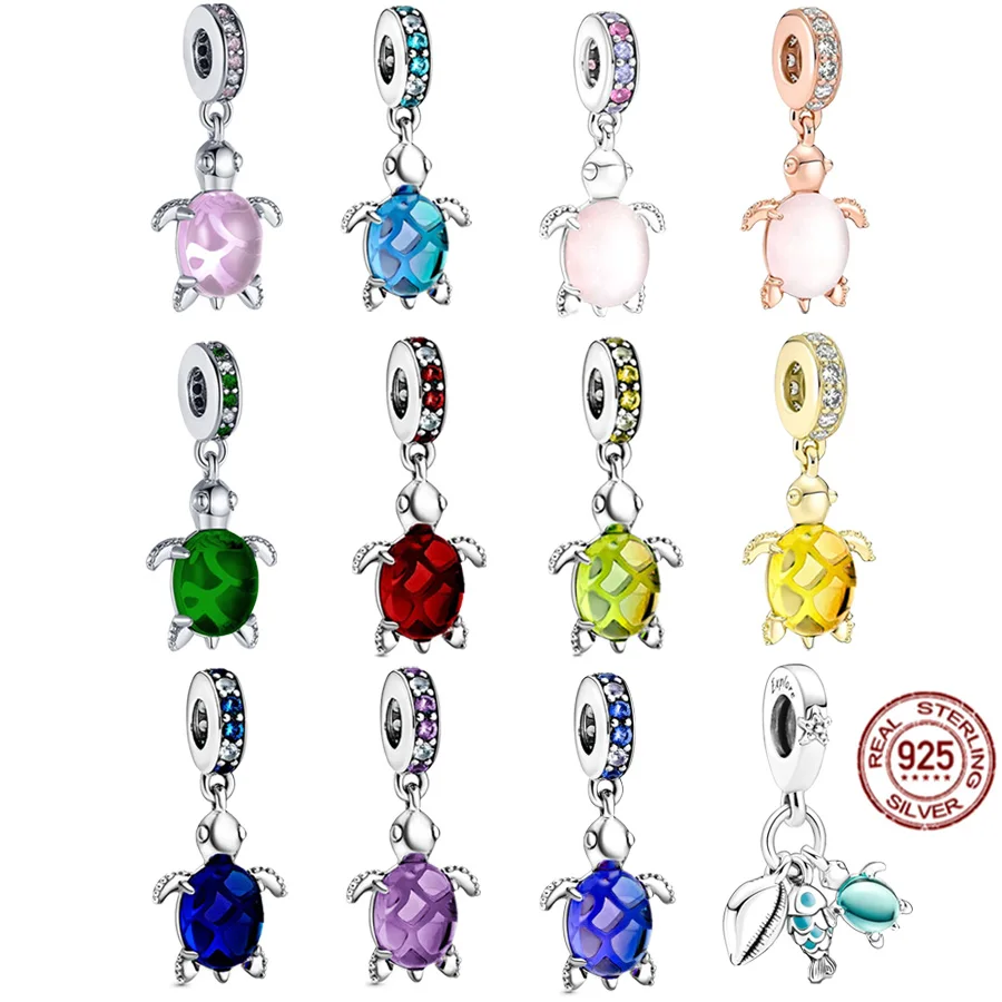 

New 925 Sterling Silver DIY Fashion Jewelry Glass Sea Turtle Fish & Conch Triple Dangle Charm Bead Fit Original Pandora Bracelet