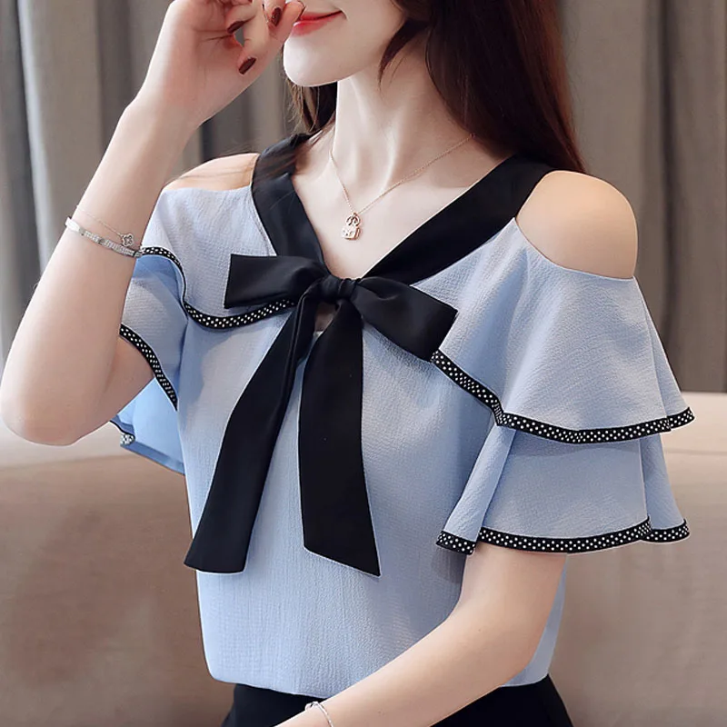 

Elegant Ruffles Bow Chiffon Shirt Women's Clothing 2023 Summer New Fashion Office Lady V-Neck Flying Sleeve Off Shoulder Blouse