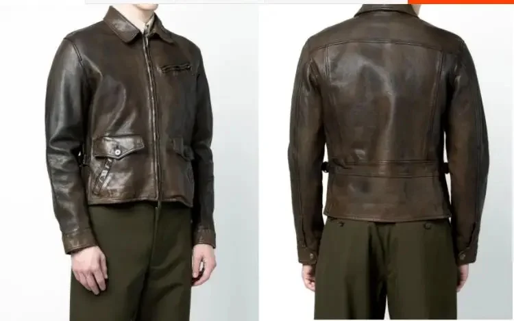 Description Picture 5 of itemFree shipping.Men Frosted tea core cowhide coat.collect Vintage brown real leather outwear.slim soft fitness jacket