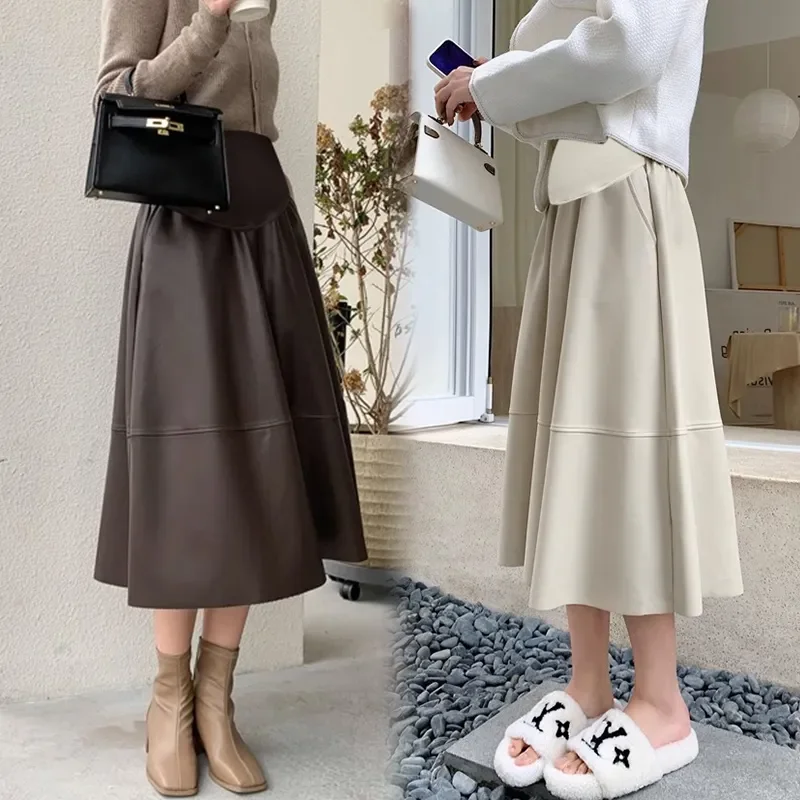 1171# Autumn Winter Fashion PU Maternity Skirts Elastic Waist Belly Loose A Line Clothes for Pregnant Women Pregnancy