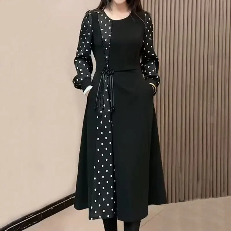Buckle Chinese Style Western Splicing Medium Long Fake Two Pieces Fashion Belly Covering Slim Age Reducing A-line Dresses