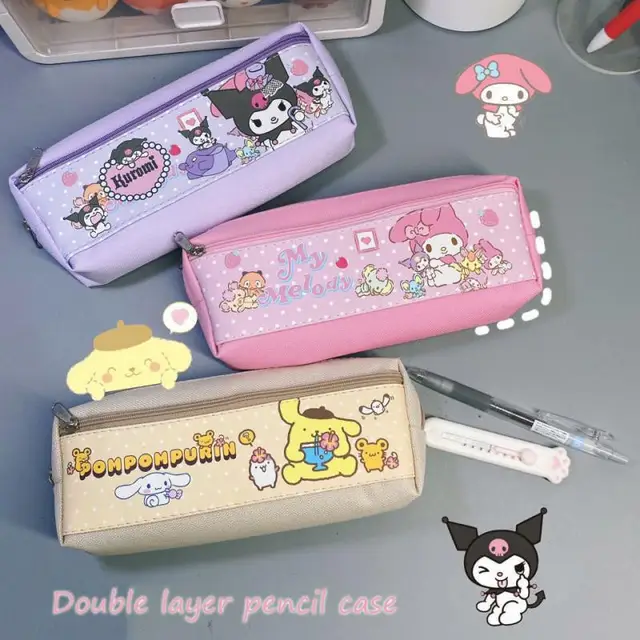 Cartoon Anime Kuromi Melody Cinnamoroll Student Double Layers Pencil Case Kawaii Pompompurin Kids Stationery Storage Bag Pen Bag 1