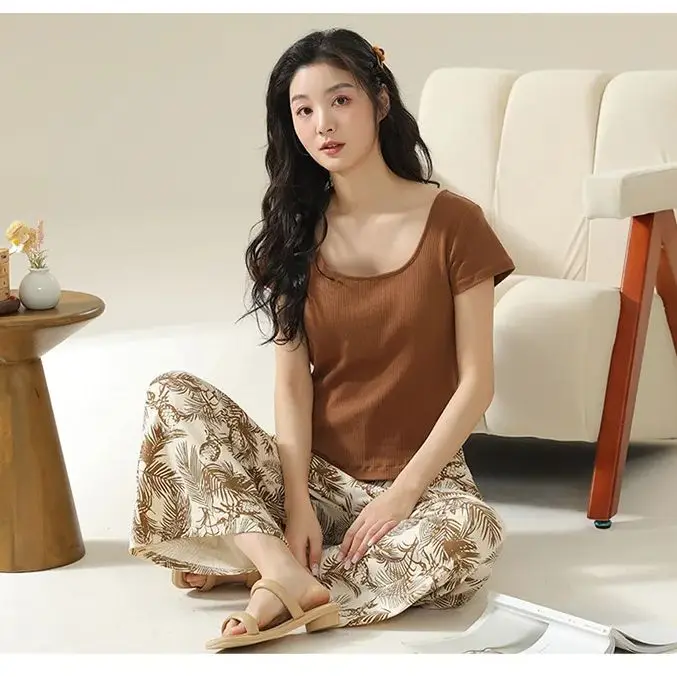 Women's Pajamas With Chest Bar Pads Spring and Summer Short Sleeves Long Pants Ice Silk Can Be Worn Outside Print Soft Slim