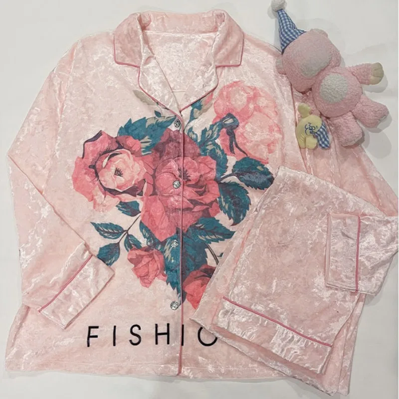 2024 New Pastoral Style Golden Velvet Spring Autumn Pajamas Women's Winter Long-sleeved Cardigans Sleepwear V-neck Loungewear