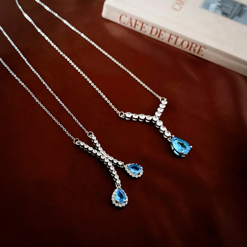 

Vintage Zircon Cross Y Word Water Drop Necklace French Sweater Clavicle Chain Necklace Women