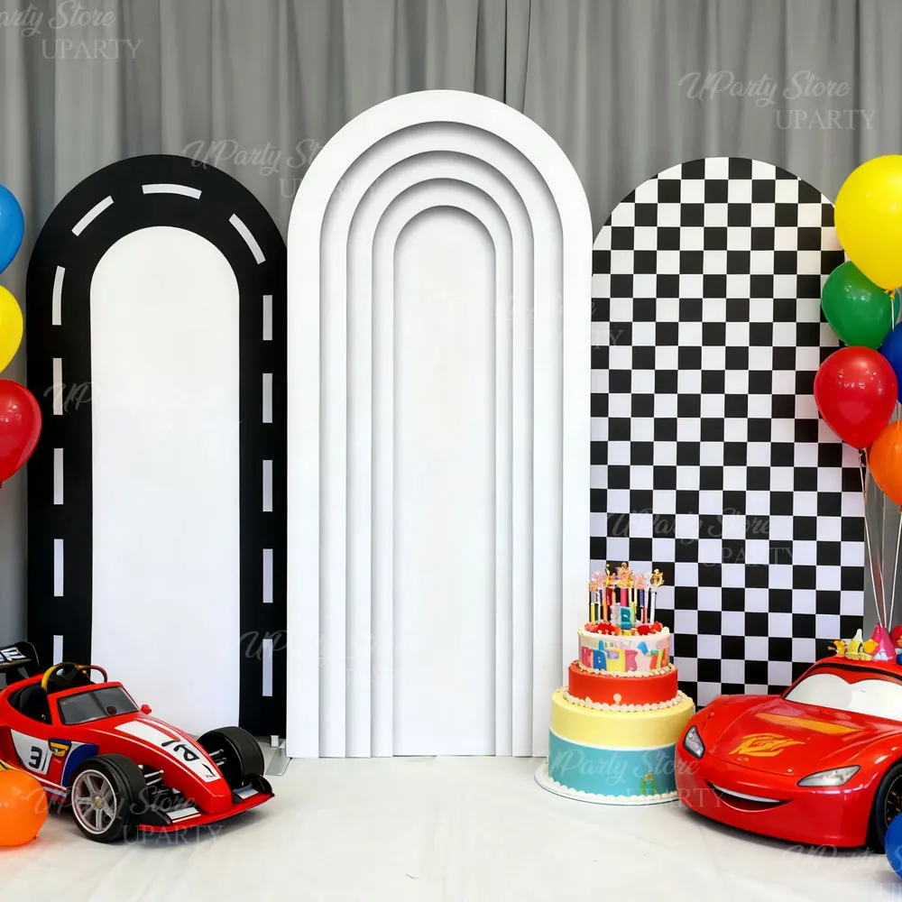Race Car Party Backdrop Decorations Spandex Black White Checkered Racing Track Stand Arch Cover for Birthday Two Fast One Decor