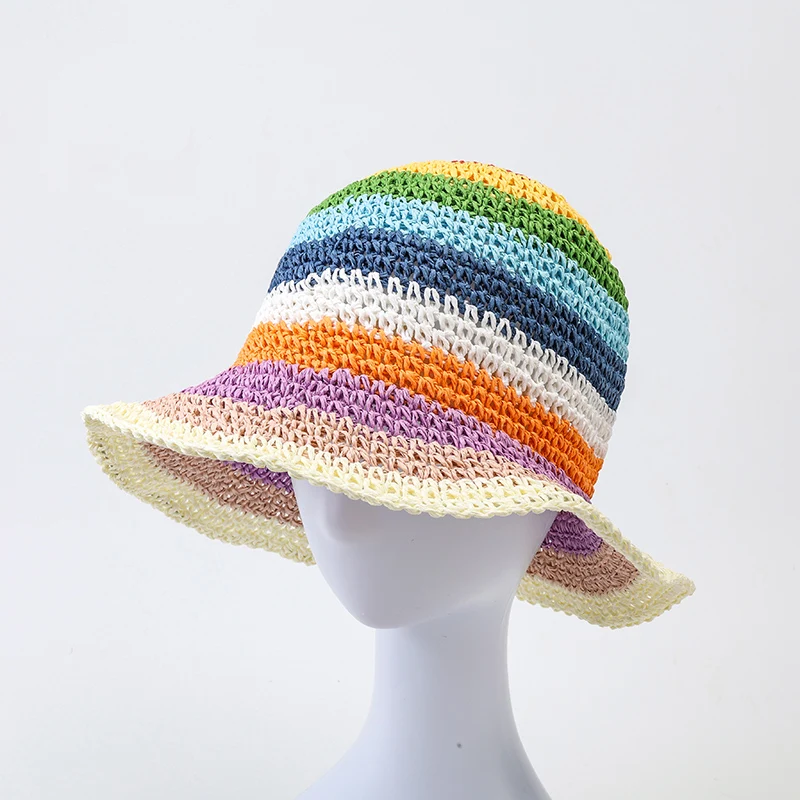 2022 Summer Rainbow Striped Crochet Bucket Hat Women's Straw Made Foldable Panama Sun Hat Female Beach Sun Visor Cap best bucket hats Bucket Hats