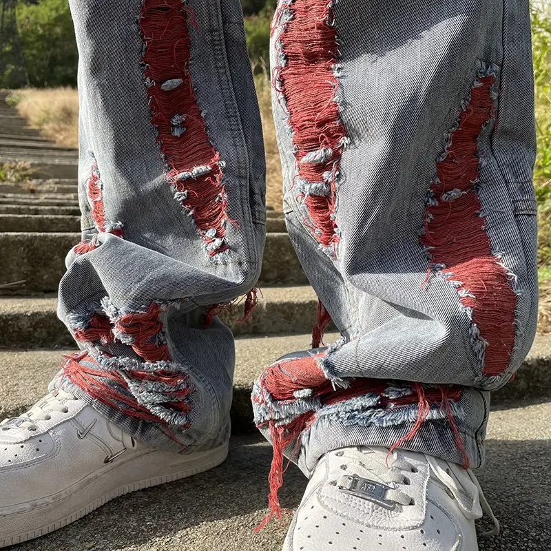 OIMG Y2K Streetwear Baggy Ripped Stacked Jeans Pants Men Clothing Straight Denim Trousers Pantaloni Uomo