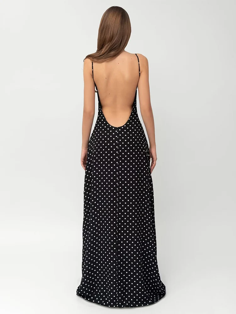 Elegant Women Slim Long Dress With Scarf Summer New Sexy Backless Sleeveless Dot Dresses Fashion Ladies Party Sling Dress
