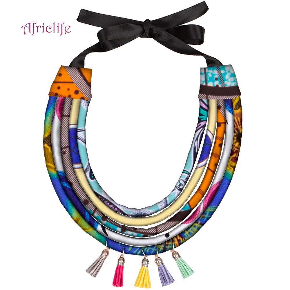 African Multi Color Tassels Necklace Handmade Fabric Ankara Multi Layered Rope Statement Necklace for Summer Holiday WYB12