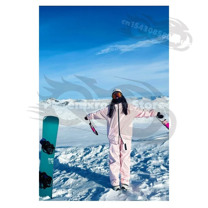 코랄 핑크 발수 플리스 안감 커플 스키복, 스키 및 스노보드용 스탠드 칼라 재킷 팬츠