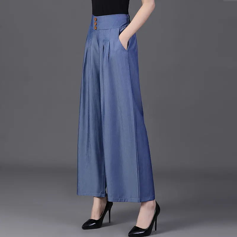 Simplicity Casual Summer Solid Pants Ice Silk Women's Elastic Waist Pockets Button Fashion High Waist Wide Leg Ankle Trousers