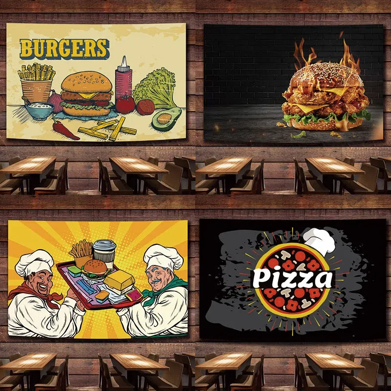 

Художественный плакат с пиццей, гамбургерами, хот-догами, фаст-фудом, настенный флаг, Картина на холсте, гобелен, настенный художественный баннер, домашний декор, наклейка, фреска