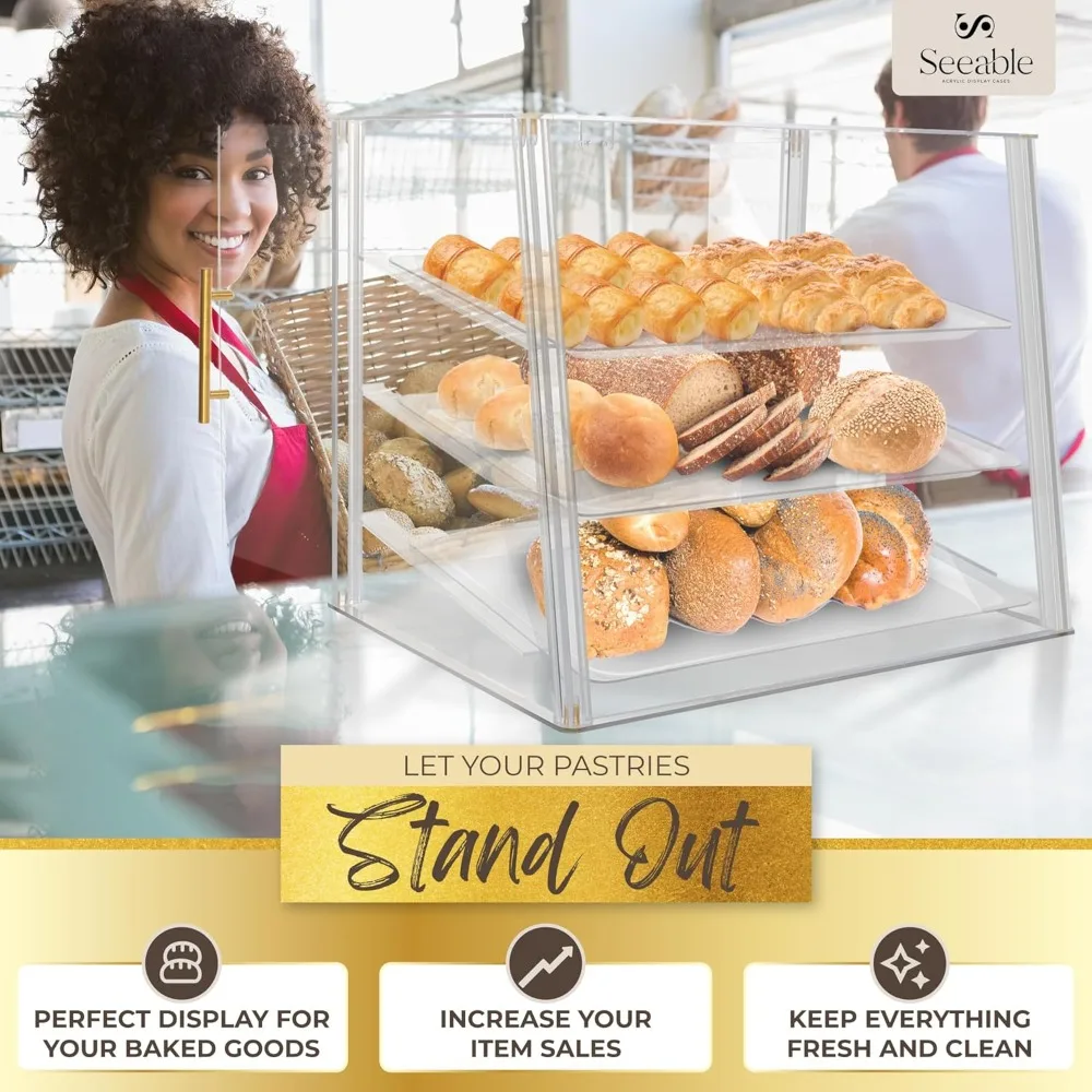 3-Tier Acrylic Bakery Display Case with Magnetic Doors, Removable Trays & Gold Accents for Desserts