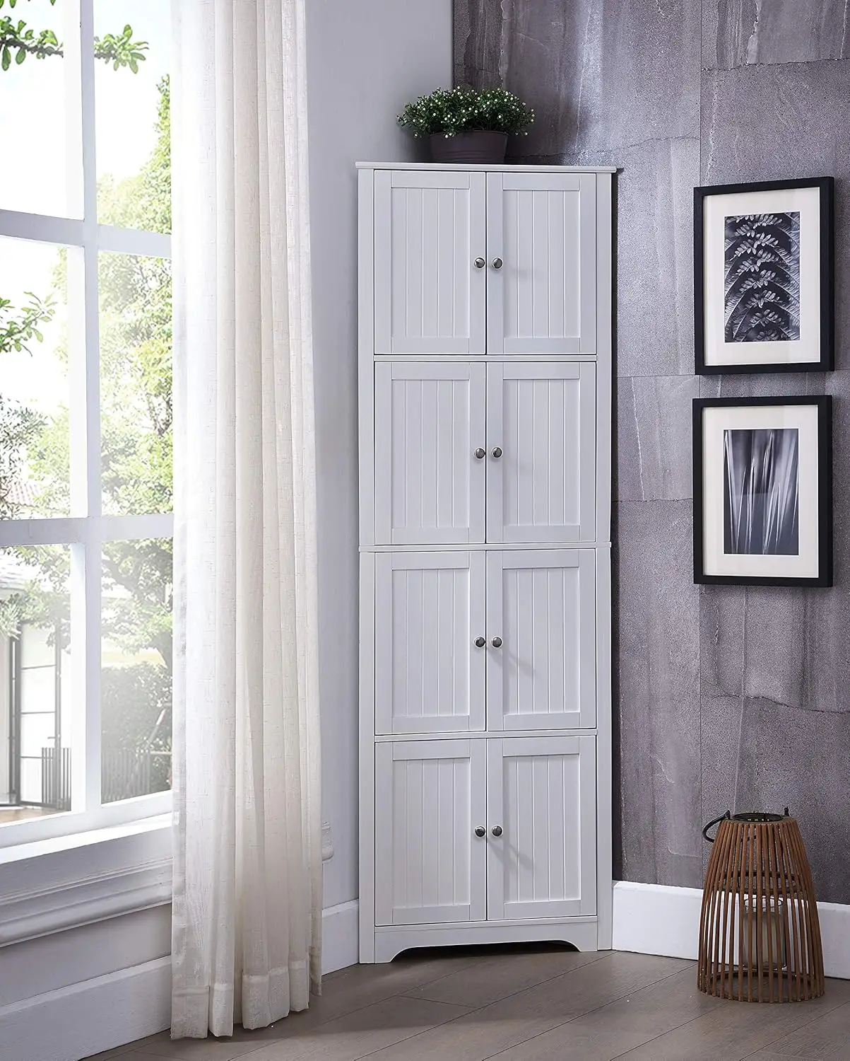 Kings Brand Furniture-Lyons 4-Tier 68" Corner Kitchen Pantry Storage Cabinet with 8 Doors, White