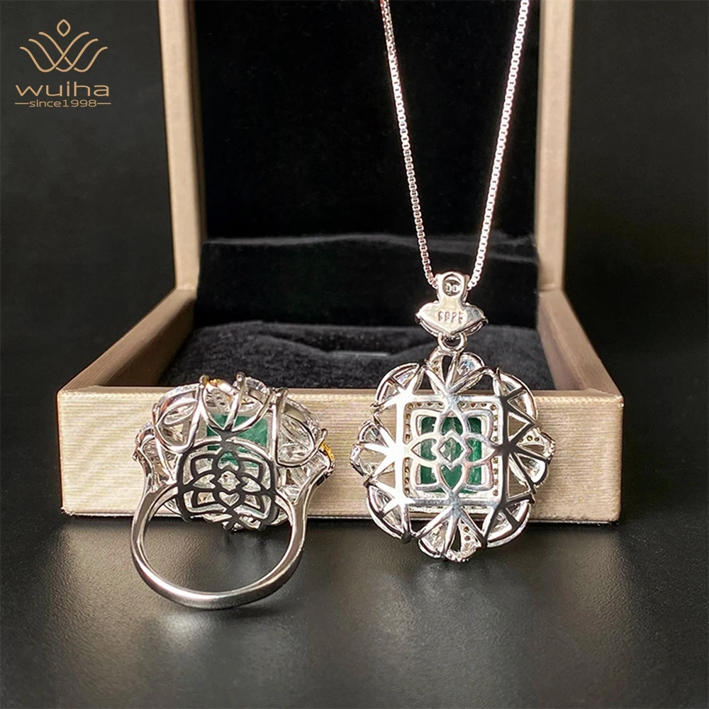 

WUIHA Luxury 925 Sterling Silver 10*12MM Emerald Corundum Ring/Pendant/Necklace Anniversary Gift Fine Jewelry Set Drop Shipping