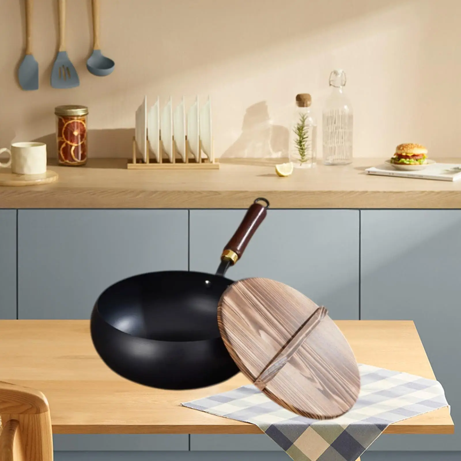 Nonstick Wok, Chinese Wok, Flat Bottom Cookware Stir Fry Pan with Wooden Lid for Kitchen Home Restaurant Nonstick Wok, Chinese Wok, Flat Bottom Cookware Stir Fry Pan with Wooden Lid for Kitchen Home Restaurant