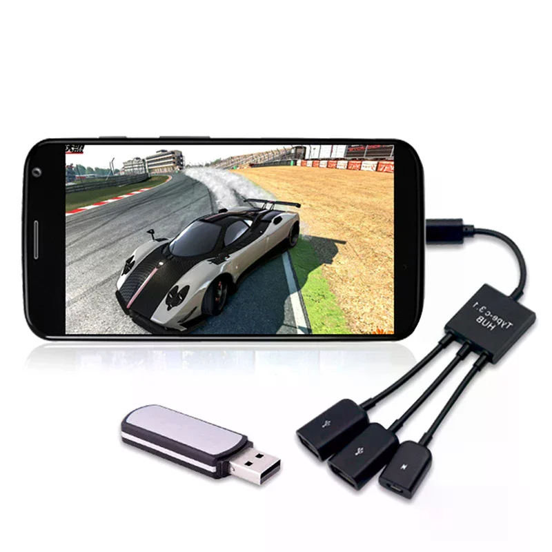 3 in 1 Micro Usb Type C Hub Male To Female Double Usb 2.0 Host Otg Adapter Cable for Smartphone Computer Tablet 3 Port image 3