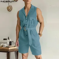 INCERUN 2024 Korean Style Jumpsuits Mens Summer Fashion Rompers Shorts Casual Solid Well Fitting Belt Sleeveless Bodysuits S-5XL 2