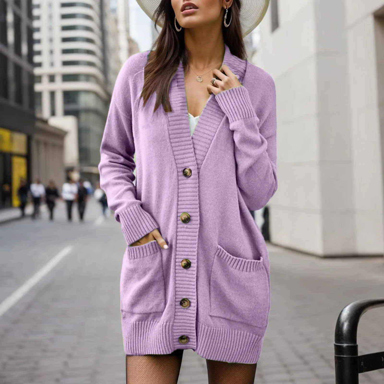 

Purple Sweater Coat For Women'S Autumn And Winter Retro Baggy Loose V Collar Long Button Pocket Sweater Jacket Vintage Outerwear