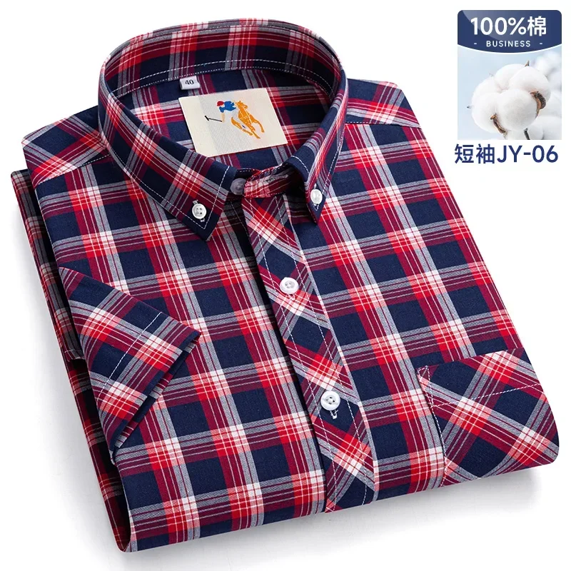 Summer Short Sleeve Shirts for Men Slim Fit Casual Plain Shirt Thin Plaid Hawaiian Soft Tops Popular Clothes 100%cotton 6
