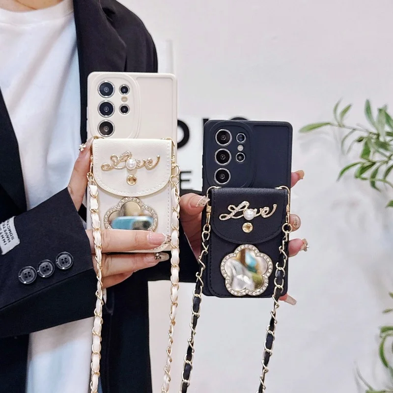 Elegant Mirror Wallet Case with Strap and Card Slot - Crossbody Lanyard with Floral Design