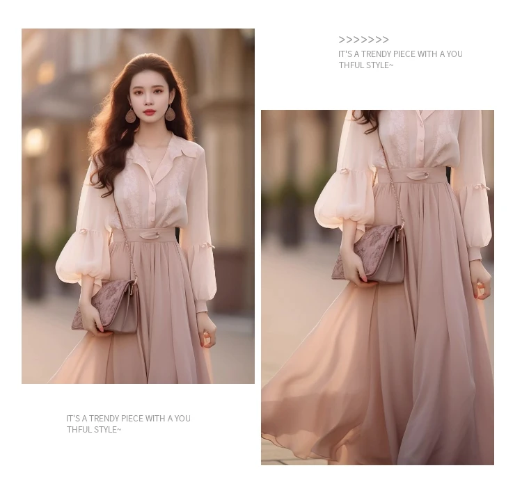 Spring Autumn Fashion Two Pieces Set Women Single-Breasted Lantern Sleeve Shirt Tops + High Waist A Line Midi Skirt Suits