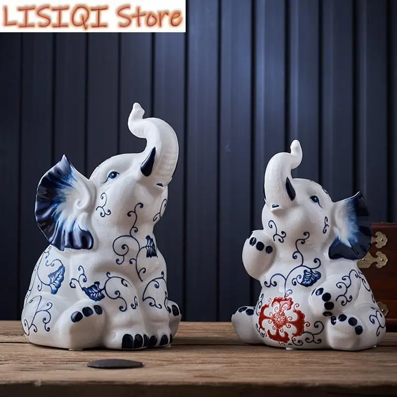 

New Chinese Ceramic Crafts Porcelain Elephant Porcelain Animal Sculpture Handicraft Home Decoration Animal Figures Accessories