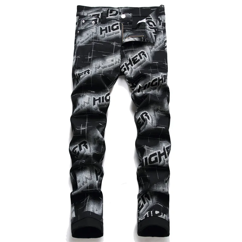 

Men Letters Digital Print Jeans Fashion Black Stretch Denim Pants Slim Skinny Tapered Trousers