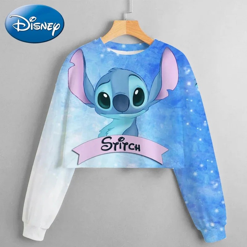 Disney New Spring And Autumn Girls' Short Felpa Stitch Print Pullover Casual Cartoon Girls' Dress Top
