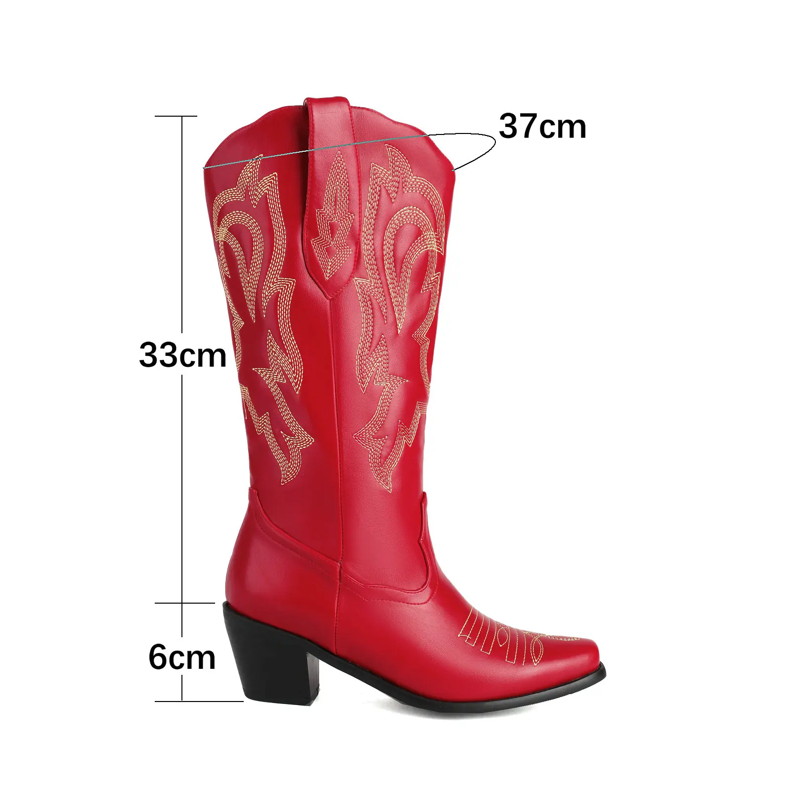 Red Cowgirls Western Boots Women's Embroidery Mid Calf Boots Retro Leather Shoes 2024 New Spring Autumn Comfy Chunky Med Heels