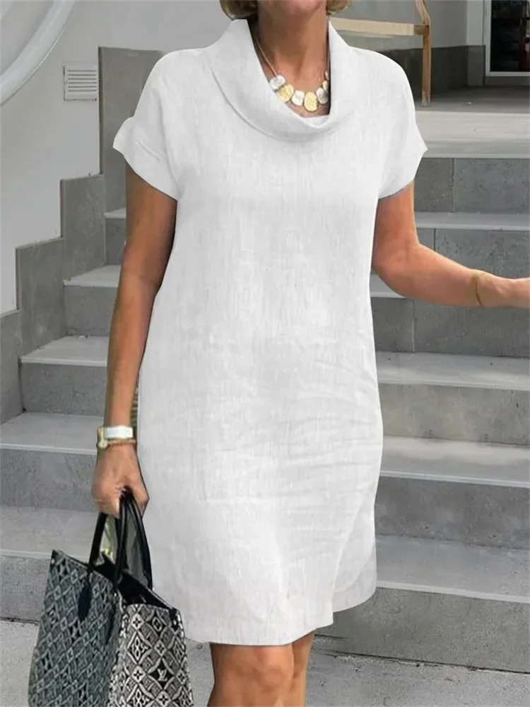

Vintage Cotton Linen Dress Women Clothing Summer Casual Pile Collar Chic Tunicas Fashion Oversize Midi White Dresses Vestidos
