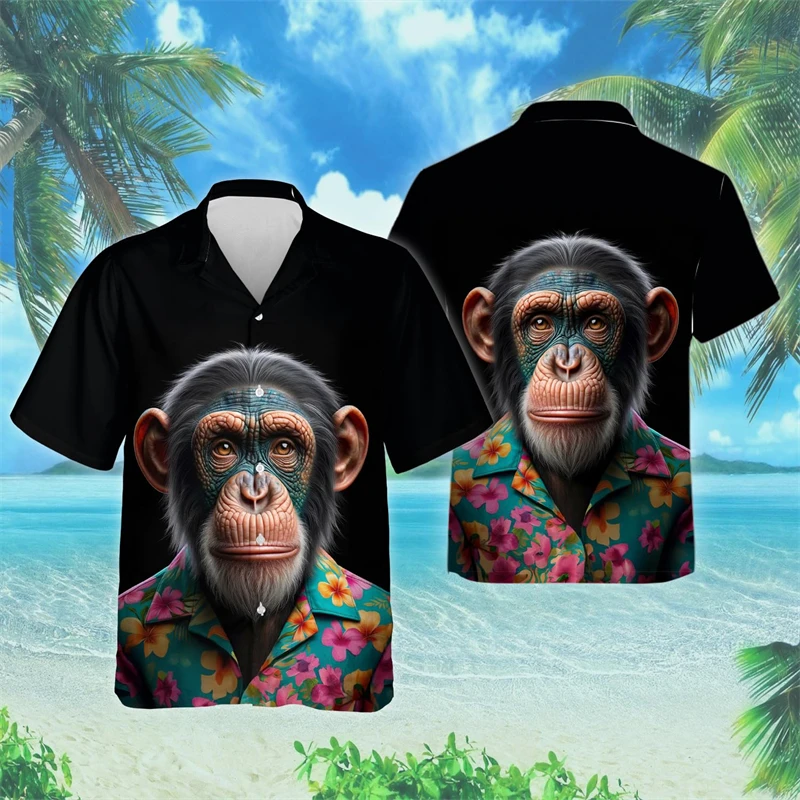 Funny Monkey 3D Printed Beach Shirts Casual Hawaiian Beach Shirt Hip Hop Male Short Sleeve Cute Animal Women Blouses Button Tops