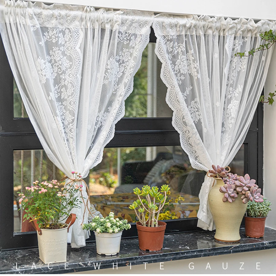 Description Picture 4 of itemWhite Lacework Wave Half Curtains for Living Room Multipurpose Partition Short Sheer for Valance Kitchen Door Window Drapes