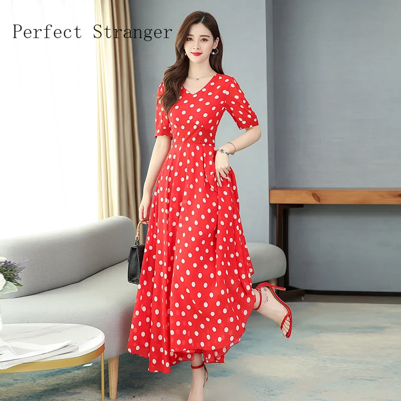 

2024 New Arrival High Quality V Collar Short Sleeve Dot Printed Chiffon Women Long Dress
